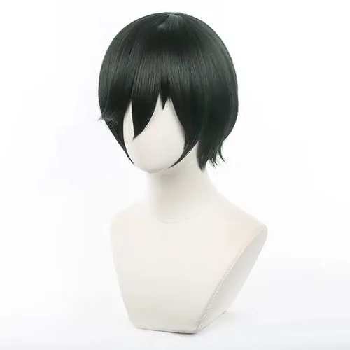 Vista 2 de Pelucas de anime verde oscuro para hombre, peluca corta y recta con flequillo para mujer, peluca COS para Halloween, Navidad, cómic, transmisión
