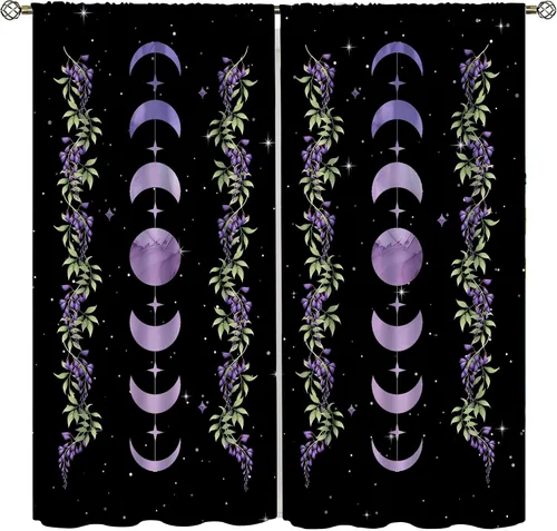 Vista 13 de Cortinas de Ventana Bohemias con Plantas Florales para Dormitorio de Niño y Niña, Cortinas de Ventana Góticas de Jardín Iluminado por la Luna