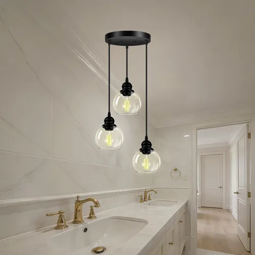 Vista 8 de Lámpara colgante de 3 luces, lámpara de techo colgante con pantalla de vidrio transparente, color negro mate, iluminación colgante de altura