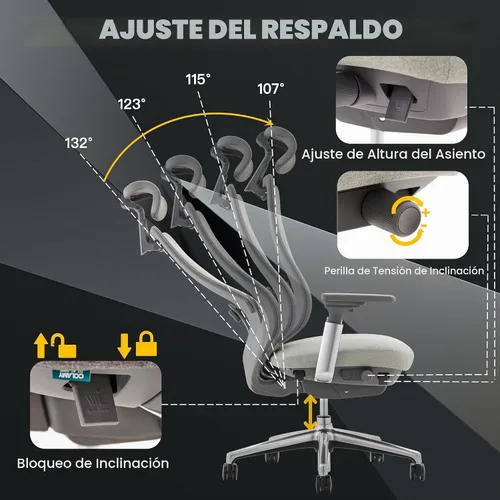 Vista 5 de COLAMY Silla de oficina ergonómica de malla, silla de escritorio ejecutiva con respaldo alto con reposacabezas ajustable, brazo 4D, asiento