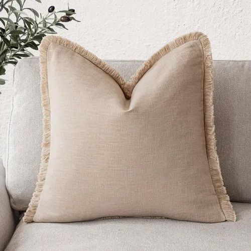 Vista 25 de Foindtower Fundas de almohada decorativas de lino con flecos, acogedora funda de cojín bohemia estilo farmhouse con borlas, funda de almohada