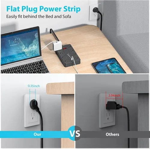 Vista 7 de Cable de extensión plano con protector de sobretensiones, tira de alimentación de enchufe plano, 8 tomas de corriente ampliamente espaciadas y 6
