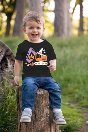 Vista 5 de Camiseta espeluznante que brilla en la oscuridad, manga corta, diseño de excavadora, para niñas, para fiesta de calabaza, Halloween