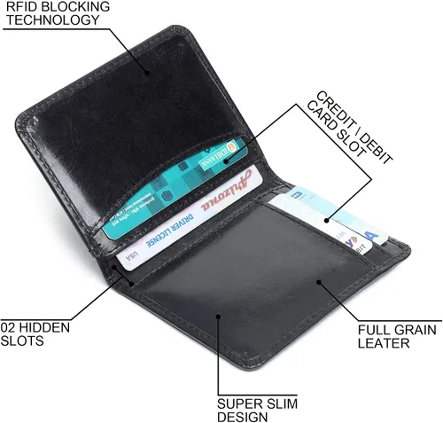 Vista 4 de FOXHACKLE Tarjetero de cuero para hombre, billetera delgada con bloqueo RFID, bolsillo frontal delgado, cartera minimalista con bolsillo frontal