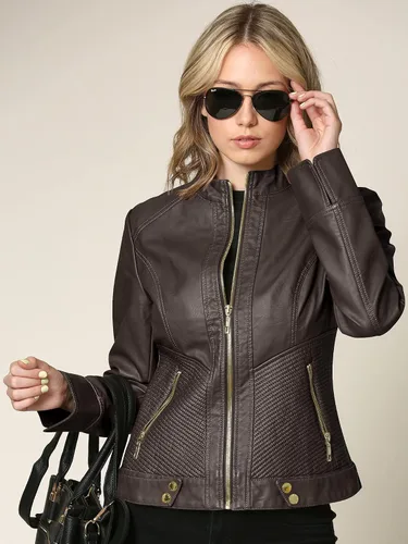 Vista 6 de Lock and Love - Chaqueta de motociclista de cuero sintético con capucha extraíble para mujer