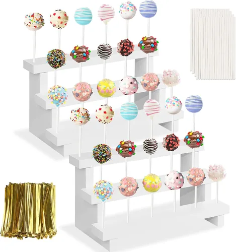 Vista 8 de Soporte de madera para piruletas de pastel, soporte de exhibición de 3 niveles, blanco, con 33 agujeros, soporte para piruletas con lazos