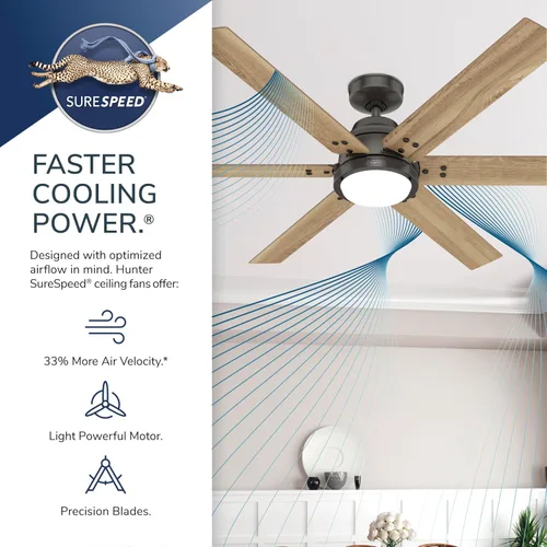 Vista 9 de Hunter Ventilador de techo interior de 60 pulgadas con luz LED y control remoto, ventilador de techo inteligente negro, montaje estándar, 6