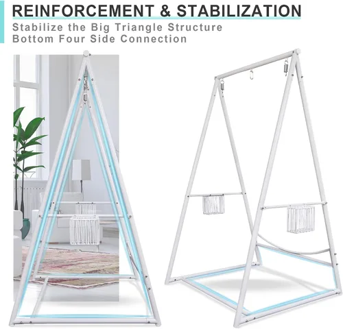Vista 7 de YOXIFOC Base reforzada y soporte de hamaca de estructura triangular con 2 cestas de almacenamiento, soporte de columpio con 3 ganchos para la Blanco