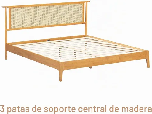 Vista 2 de NTC Marco de Cama de Madera Ruby con Cabecero y Ratán Natural, Base de Madera Sólida de Roble/Caucho con Listones Silenciosos, Capacidad de 1000