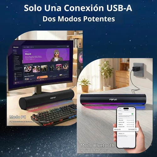 Vista 3 de Barra de sonido para computadora con micrófono ENC desmontable, barra de sonido para juegos de graves mejorados, Bluetooth 6.0, USB-A Plug and Play