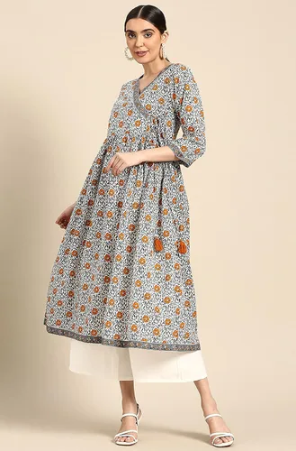 Vista 3 de Janasya Mujer Algodón Blanco Verano Casual Estampado Floral 34th Manga Cuello en V Fluido Angarakha Kurta