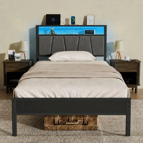 Vista 18 de Z-hom Base de cama matrimonial tapizada de fácil montaje y cabecera Beige