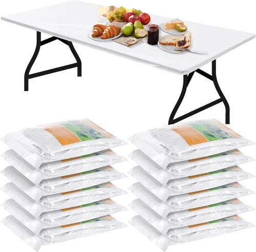 Vista 15 de Boao 12 piezas de manteles de plástico desechables para mesas con borde elástico ajustable, manteles rectangulares impermeables para mesas de Azul