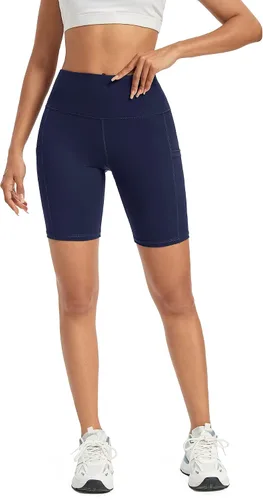 Vista 5 de G4Free Pantalones cortos de yoga para mujer de cintura alta con bolsillos de entrenamiento para correr, pantalones cortos de entrenamiento y control