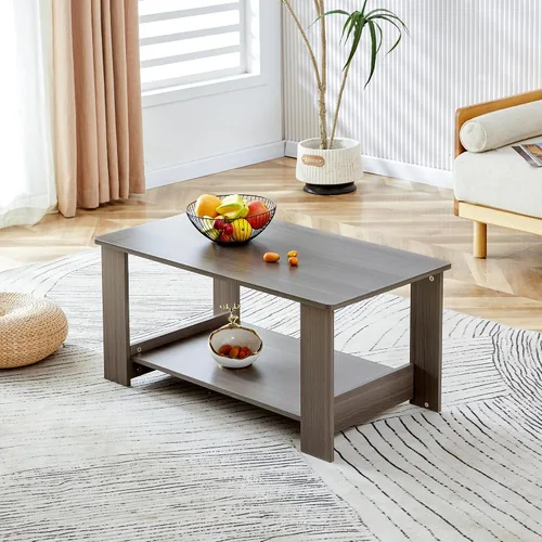 Vista 3 de Mesas de centro modernas de 2 niveles rectangulares de madera con amplio almacenamiento, perfectas para sala de estar, decoración de sala