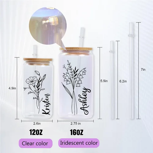 Vista 3 de Mostop Tazas de café helado personalizadas con tapas y pajitas, vidrio colorido, nombre personalizado y vaso de flor de nacimiento para ella, amiga