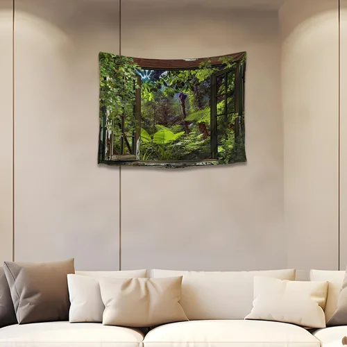 Vista 31 de QGHOT Tapiz de bosque brumoso, tapiz de montaña natural para colgar en la pared, paisaje de acuarela verde salvia, arte de pared para dormitorio