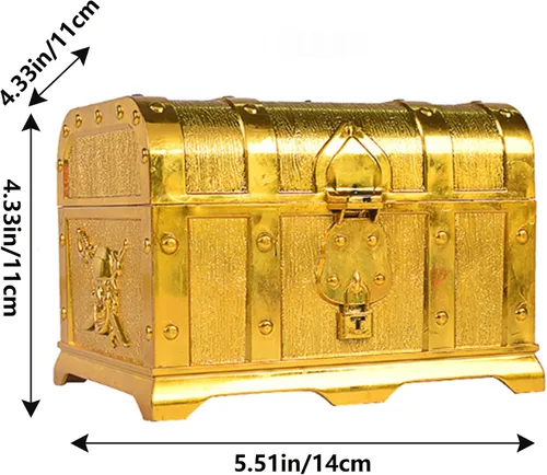 Vista 2 de Cofre del tesoro pirata para niños: pequeña caja del tesoro con cerradura y llave, caja de colección vintage de plástico para almacenamiento