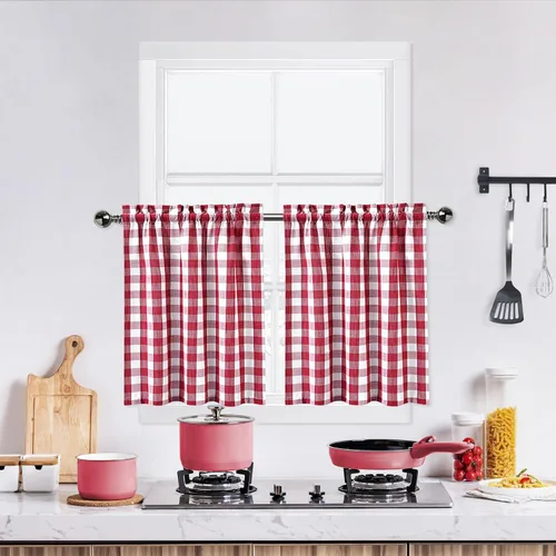 Vista 36 de Cortinas de Cocina Estilo Granja de Cuadros Vichy Blanco y Negro de 24 Pulgadas de Largo, Cortinas de Café de Media Ventana de Cuadros Buffalo