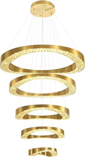 Vista 8 de Flashing God Lámpara de Araña Grande para Techo Alto, Lámpara de Araña de Cristal Moderna de 5 Anillos para Entrada, Accesorios de Iluminación