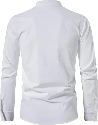 Vista 3 de Camisas de lino de manga larga con cordones retro para hombre, camisa Henley renacentista, disfraz vikingo medieval, camiseta pirata