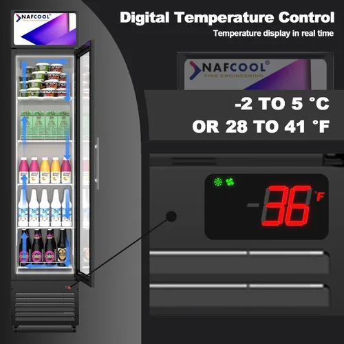 Vista 5 de Refrigerador comercial de bebidas, refrigerador de 7 pies cúbicos pequeños delgados de una sola puerta de vidrio con estantes ajustables de luz LED