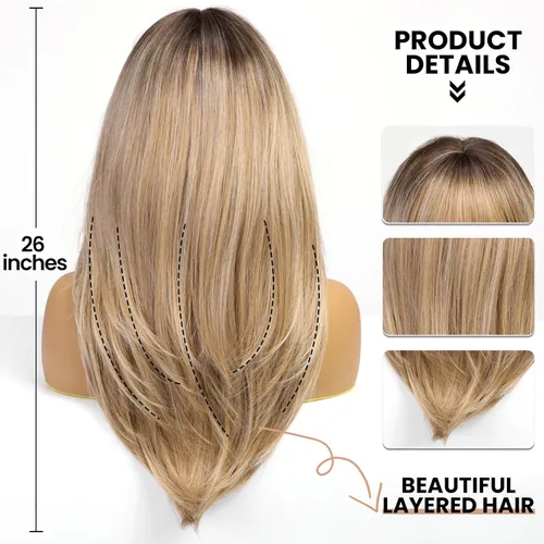 Vista 3 de EMMOR Peluca rubia con flequillo para mujer, pelucas largas y lacias, peinado sintético en capas para niñas, fiesta, cosplay y uso diario