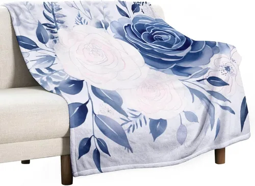 Vista 31 de Manta de flores de acuarela azul marino, bohemias, manta de acuarela floral con coronas de rosas y hojas de peonías, lujosa, cálida y acogedora