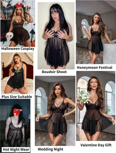 Vista 4 de Avidlove Lencería para mujer, babydoll de encaje, camisón de malla, camisón de noche, ropa interior para dormir 1-negro