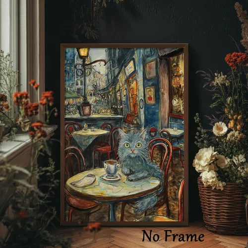 Vista 4 de Lienzo abstracto de gato para pared, impresiones de animales vintage, imágenes divertidas de gatos, animales bebiendo café, arte de pared de gatos