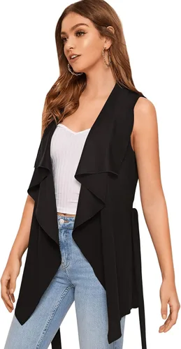 Vista 4 de SweatyRocks Cárdigan casual sin mangas para mujer con volantes y lazo frontal