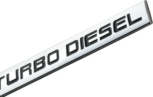 Vista 3 de Emblema metálico con acabado cromado Turbo Diesel (letra roja) (cromo negro) Emblema metálico con acabado cromado Turbo Diesel (letra roja)