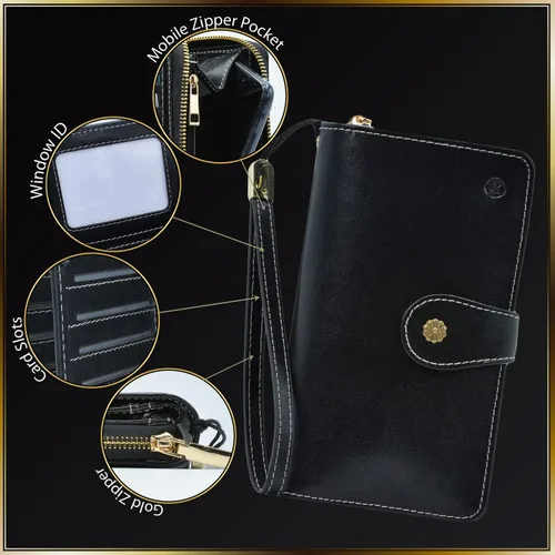 Vista 4 de Leather SR Cartera de cuero de grano superior para mujer de gran capacidad con bloqueo RFID 24 ranuras para tarjetas 9 compartimentos