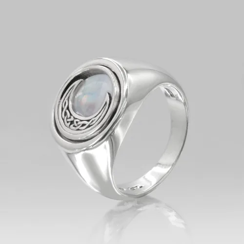 Vista 5 de Anillo de plata de ley con luna creciente celta con piedra lunar arcoíris (tallas 4-15)