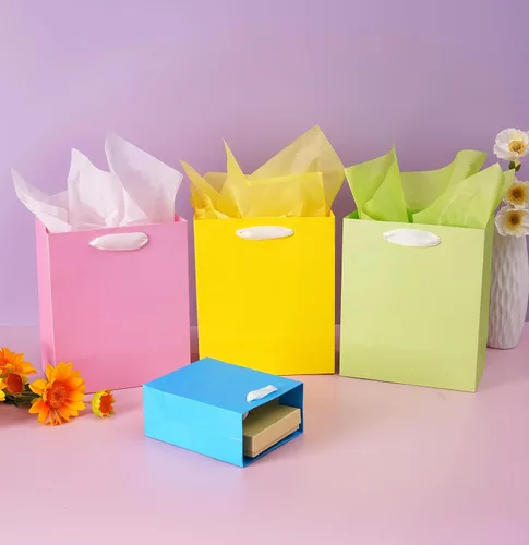 Vista 5 de Nihuecne Paquete de 8 bolsas de regalo coloridas de varios tamaños con papel de seda para cumpleaños, baby showers, Pascua y más