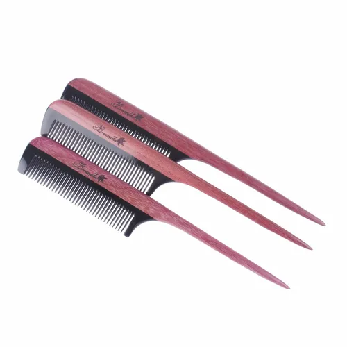 Vista 5 de Breezelike Peines para el cabello – Peine de cola de madera de dientes finos – Peine de madera de corazón morado sin estática con dientes de cuerno