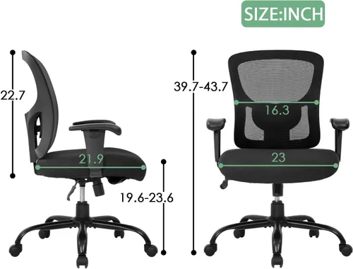 Vista 3 de Silla de oficina ergonómica ejecutiva, silla de computadora de malla con soporte lumbar, asiento ancho, brazos de ajuste, giratorio, respaldo alto