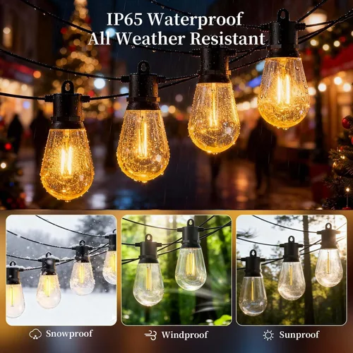Vista 2 de Luces de Cadena para Exteriores 50 pies IP65 Impermeables Luces de Patio con 15 + 2 Bombillas LED Irrompibles Grado Comercial Luces de Cadena LED