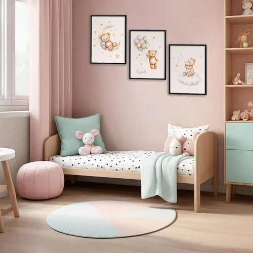 Vista 6 de 3 piezas de arte de pared con marco de oso de peluche para guardería, lienzo con oso durmiendo en la luna y estrellas, decoración de pared, imágenes