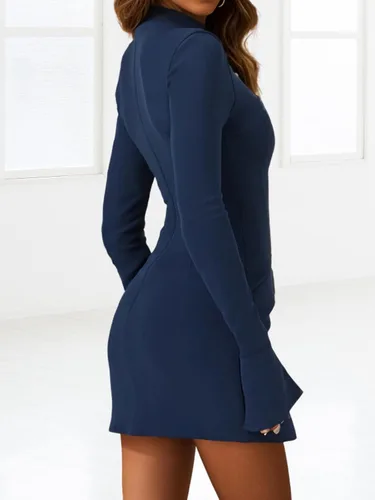 Vista 3 de Yoolin Vestido ajustado sexy para mujer, manga larga acampanada, mini vestidos con solapa y cuello alto falso para fiesta y club