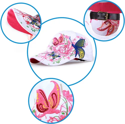 Vista 4 de Gorra de béisbol bordada con diseño de flores y lentejuelas de mariposa para mujer