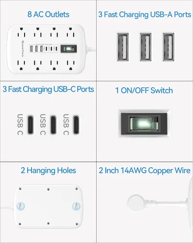 Vista 9 de Cable de extensión corto de 2 pulgadas, regleta pequeña extensor de toma plana protector contra sobretensiones con 8 salidas de CA, 6 USB