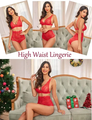 Vista 6 de Avidlove - Conjunto de lencería sexy para mujer calzones de talle alto y brasier baby doll de tirantes delgados