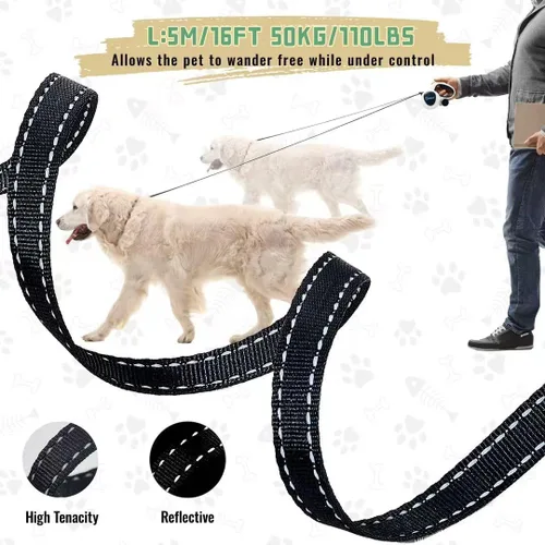 Vista 4 de Correa retráctil para perro de 16 pies 4 en 1 con luz LED, dispensador, bolsas para excrementos, freno de bloqueo rápido y mango antideslizante