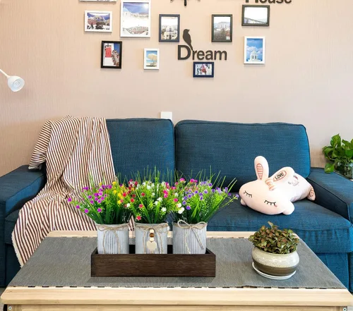 Vista 2 de CALAVAK Centro de mesa decorativo de madera con 3 macetas de metal artificiales para el aliento del bebé, plantas de gypsophila, decoración rústica