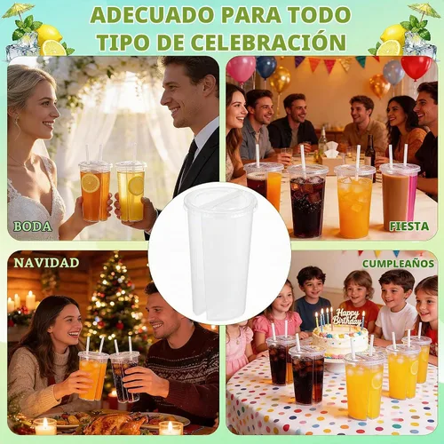 Vista 6 de 20 vasos de plástico desechables divididos para bebidas, forma redonda, doble espesa, taza para compartir en pareja, con tapas, para té con leche