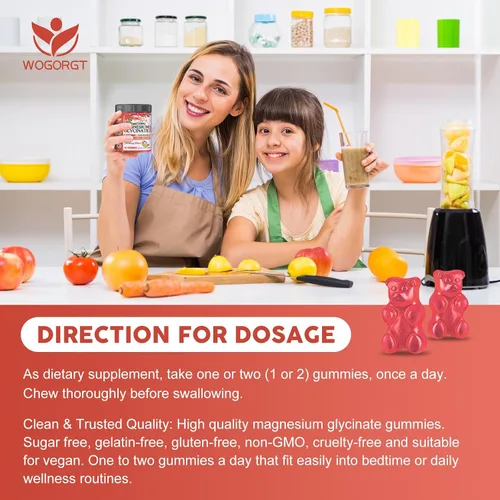 Vista 6 de Gomitas de glicinato de magnesio para niños y adultos, apoyo de relajación y cognición, suplemento de magnesio de 400/200 mg con L-teanina