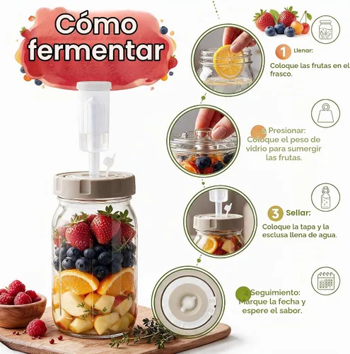 Vista 2 de Kit de fermentación de 4 unidades para frascos anchos de masón, kit de decapado de chucrut de fermentación Masontops con 4 pesos de fermentación