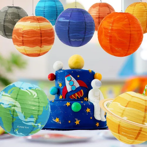 Vista 7 de Faroles de papel de planeta espacial de 12 pulgadas para colgar del sistema solar, decoración de fiesta fuera de este mundo para niños, suministros
