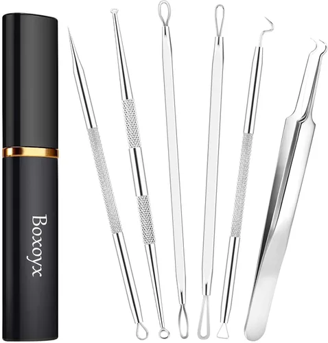 Vista 8 de Boxoyx Kit de herramientas para reventar espinillas, kit de herramientas extractoras de comedones de 6 piezas con estuche de metal para eliminar